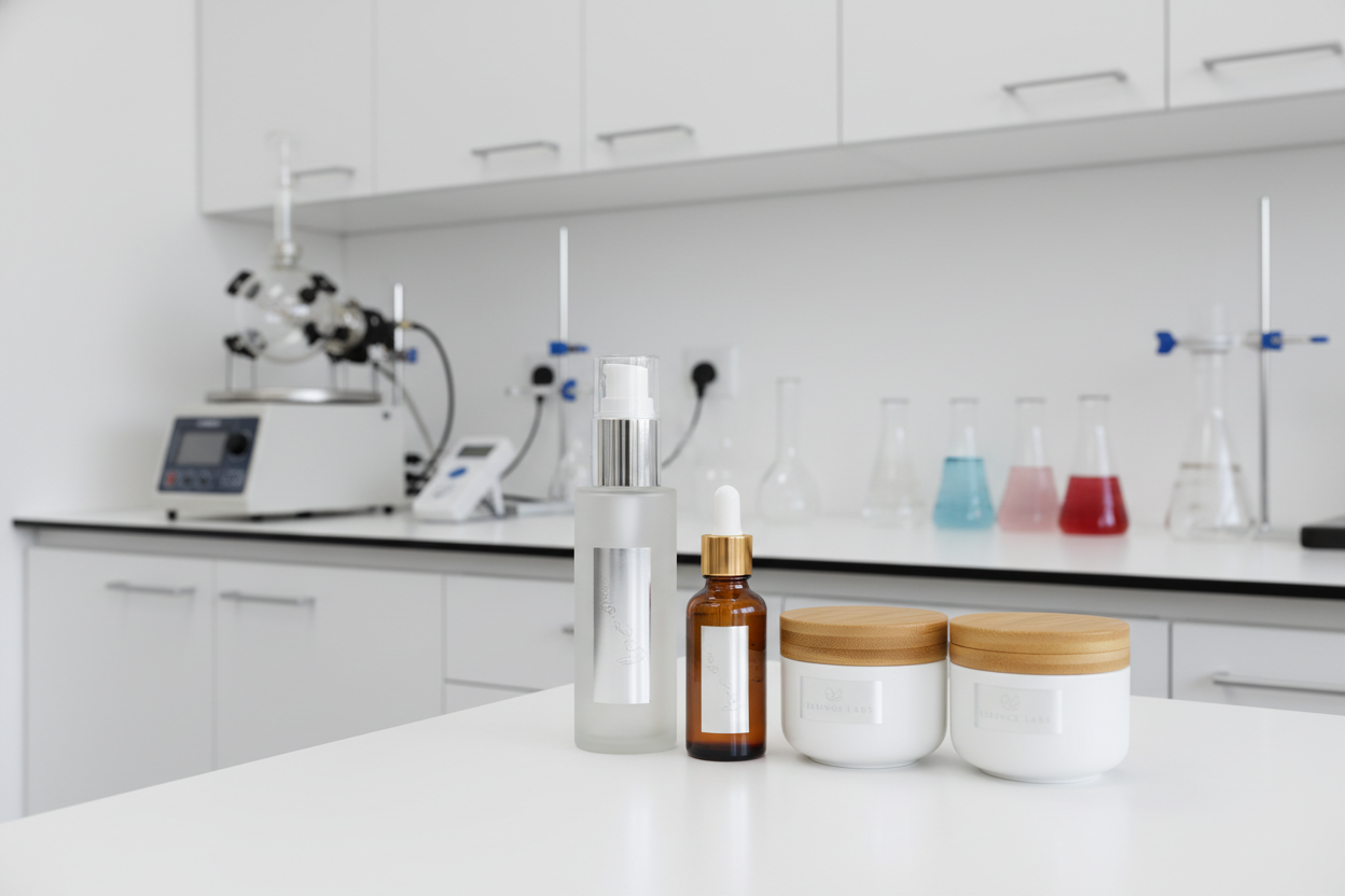 Cosmetic bottles in a clean lab setting