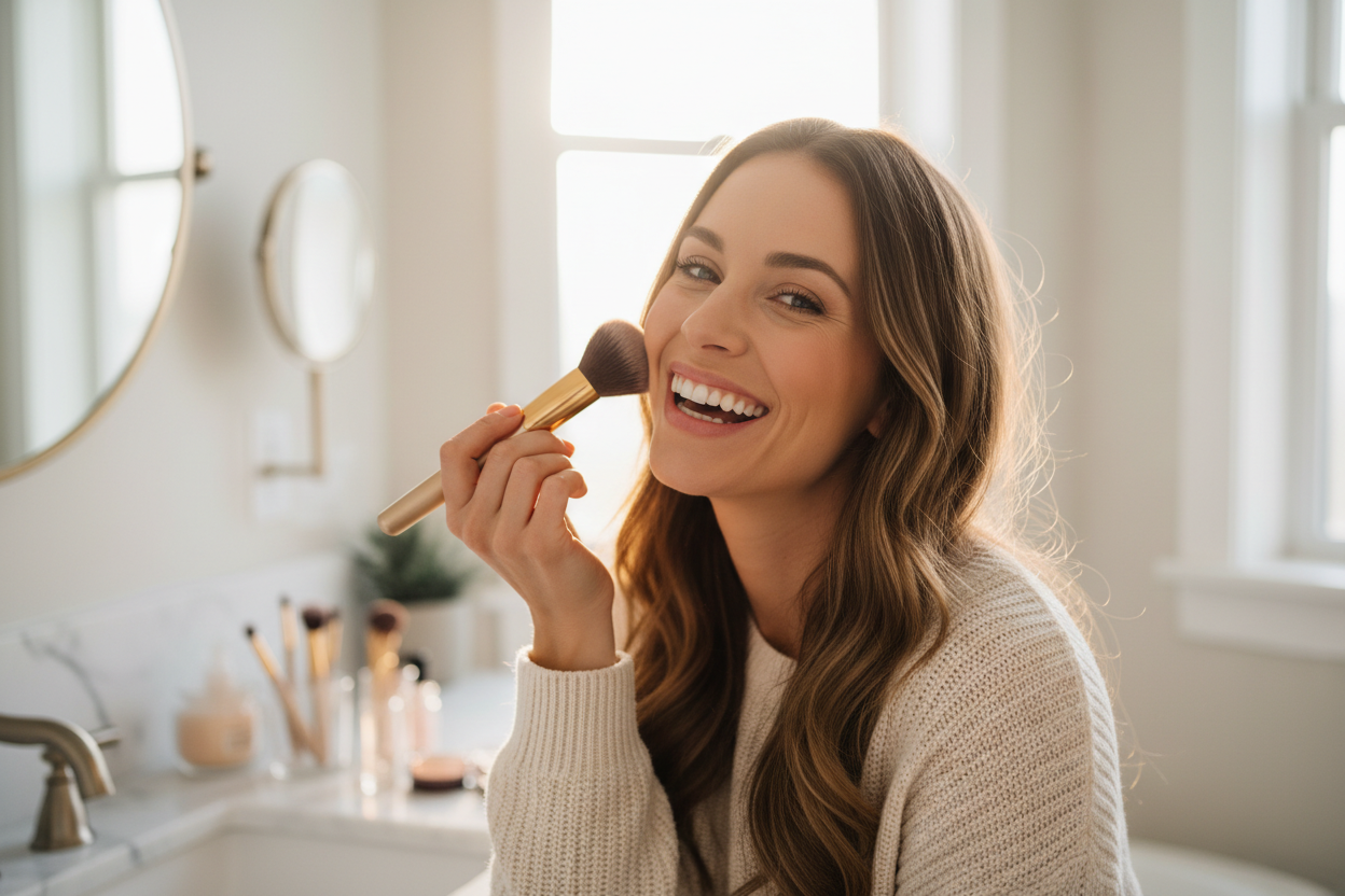 Lifestyle shot of woman applying makeup, looking happy/confident